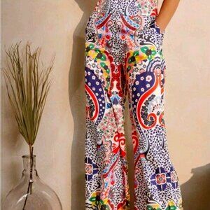 SZ 16/18 BODEN COLORFUL BOLD PRINT WIDE LEG SATIN  CREPE PANTS - USED